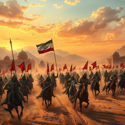 An epic historical scene depicting the invasion of Iran by Arab forces, showcasing a dramatic battlefield with warriors on horseback