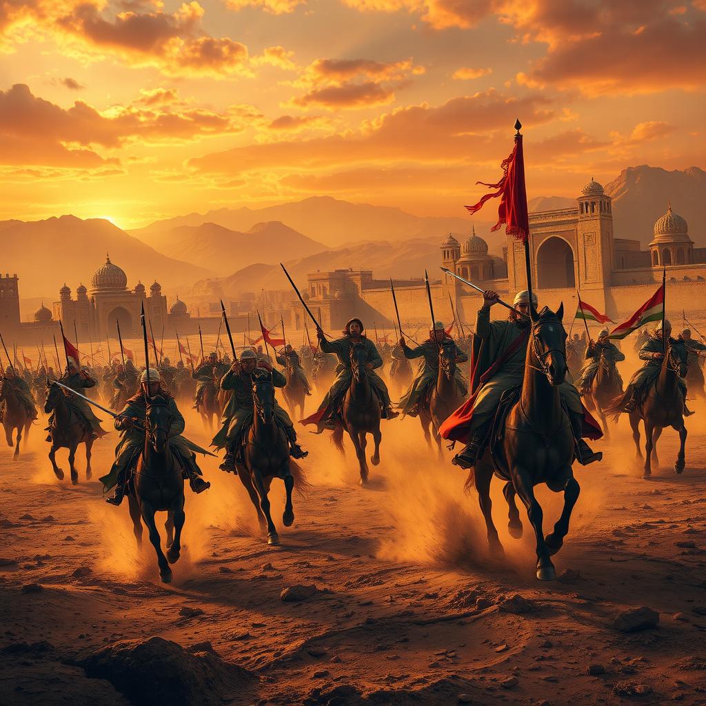 An epic historical scene depicting the invasion of Iran by Arab forces, showcasing a dramatic battlefield with warriors on horseback