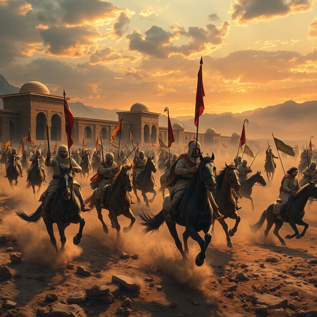 An epic historical scene depicting the invasion of Iran by Arab forces, showcasing a dramatic battlefield with warriors on horseback
