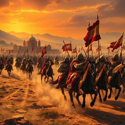An epic historical scene depicting the invasion of Iran by Arab forces, showcasing a dramatic battlefield with warriors on horseback