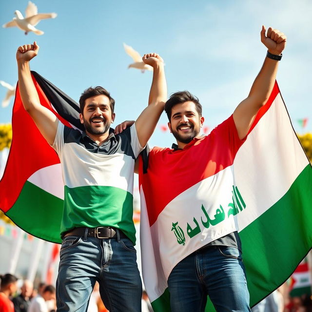 A dynamic and uplifting scene featuring two men celebrating the victory, unity, hope, and pride of their nations