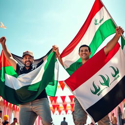 A dynamic and uplifting scene featuring two men celebrating the victory, unity, hope, and pride of their nations