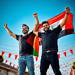 A dynamic and uplifting scene featuring two men celebrating the victory, unity, hope, and pride of their nations