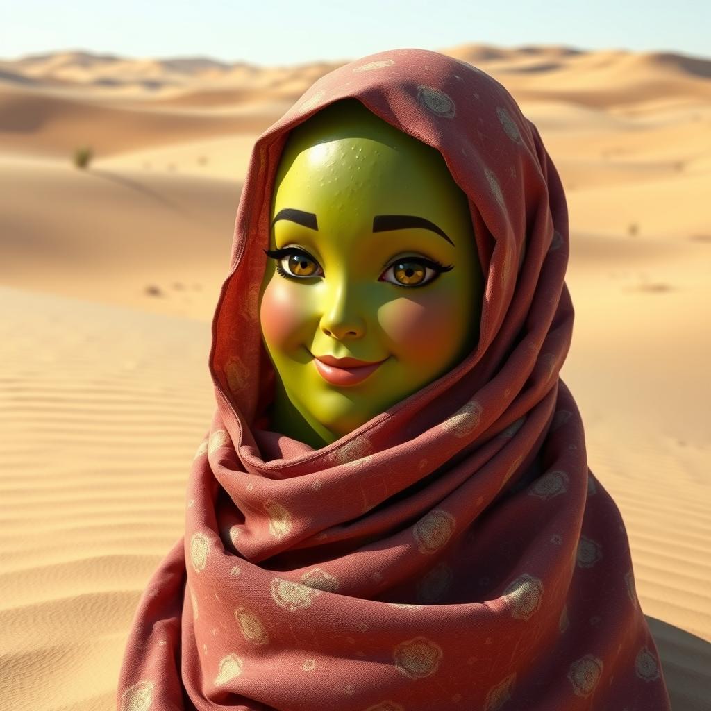 A realistic representation of a feminine avocado draped in a beautifully patterned hijab, positioned in a serene desert setting