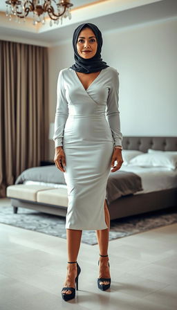 A full body photo of a 60-year-old white woman with a perfect figure, wearing high dark black shine platform tied heels and a tight white short dress that features a flattering neckline and emphasizes her large hips