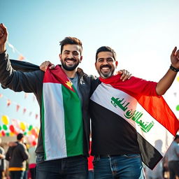 A poignant and celebratory scene showcasing two men joyfully commemorating victory, unity, hope, and pride in their nations