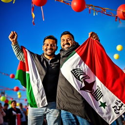 A poignant and celebratory scene showcasing two men joyfully commemorating victory, unity, hope, and pride in their nations