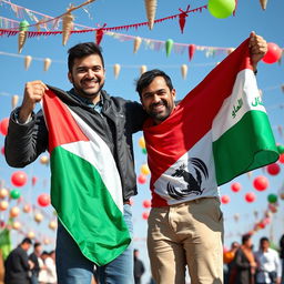 A poignant and celebratory scene showcasing two men joyfully commemorating victory, unity, hope, and pride in their nations