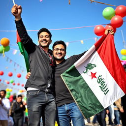 A poignant and celebratory scene showcasing two men joyfully commemorating victory, unity, hope, and pride in their nations