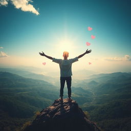 An artistic representation of profound love and connection to nature, depicting a figure standing on a mountain overlooking a vast landscape filled with lush greenery and a bright, radiant sky