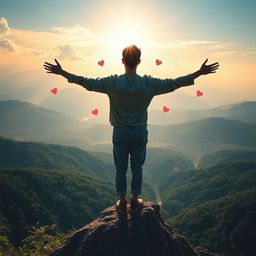 An artistic representation of profound love and connection to nature, depicting a figure standing on a mountain overlooking a vast landscape filled with lush greenery and a bright, radiant sky