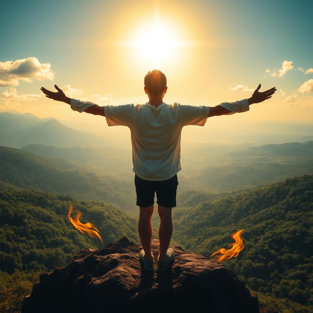 An artistic representation of profound love and connection to nature, depicting a figure standing on a mountain overlooking a vast landscape filled with lush greenery and a bright, radiant sky