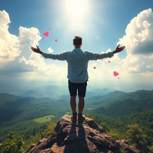 An artistic representation of profound love and connection to nature, depicting a figure standing on a mountain overlooking a vast landscape filled with lush greenery and a bright, radiant sky