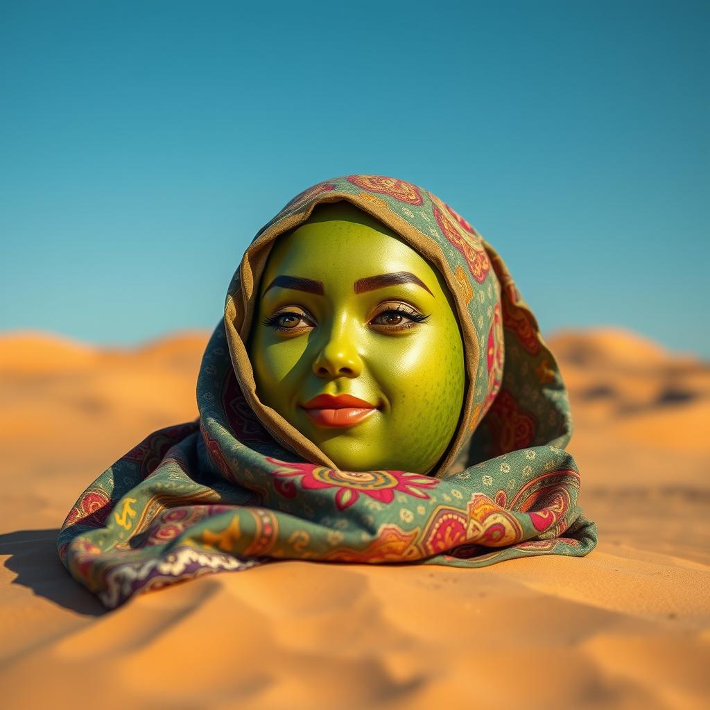 A realistic feminine avocado draped elegantly in a beautifully patterned hijab, placed in a stunning desert setting
