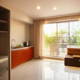 A 2 BHK (2 bedroom, hall, kitchen) modern apartment, with stylish décor, comfortable furniture, ample sunlight, and a cozy ambience.