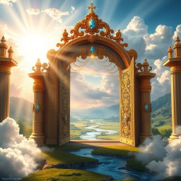 A breathtaking depiction of a heavenly entrance, featuring a grand, ornate gateway surrounded by fluffy white clouds and radiant beams of sunlight filtering through
