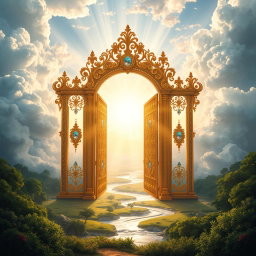 A breathtaking depiction of a heavenly entrance, featuring a grand, ornate gateway surrounded by fluffy white clouds and radiant beams of sunlight filtering through