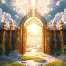 A breathtaking depiction of a heavenly entrance, featuring a grand, ornate gateway surrounded by fluffy white clouds and radiant beams of sunlight filtering through