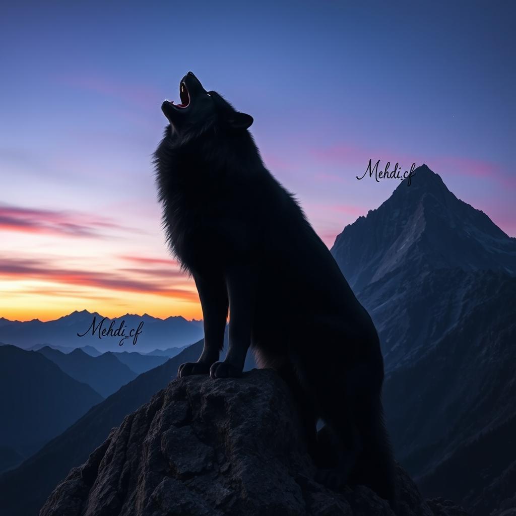 A majestic black wolf howling atop a tall mountain