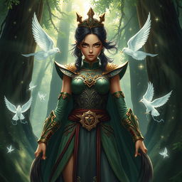 A dramatic and intense artwork depicting a powerful scene of a girl wearing a striking, regal outfit that represents strength and dominance