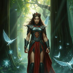 A dramatic and intense artwork depicting a powerful scene of a girl wearing a striking, regal outfit that represents strength and dominance
