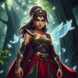 A dramatic and intense artwork depicting a powerful scene of a girl wearing a striking, regal outfit that represents strength and dominance