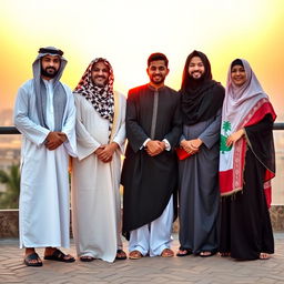A vibrant group of diverse individuals standing together, each wearing a unique traditional outfit that represents a different Arab country