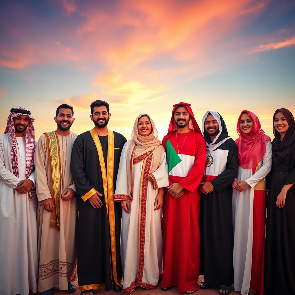 A vibrant group of diverse individuals standing together, each wearing a unique traditional outfit that represents a different Arab country