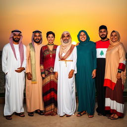 A vibrant group of diverse individuals standing together, each wearing a unique traditional outfit that represents a different Arab country