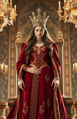 A powerful and confident queen standing majestically on a throne, adorned in a regal gown of deep crimson and gold, with intricate embroidery