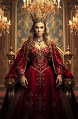 A powerful and confident queen standing majestically on a throne, adorned in a regal gown of deep crimson and gold, with intricate embroidery