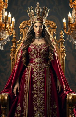 A powerful and confident queen standing majestically on a throne, adorned in a regal gown of deep crimson and gold, with intricate embroidery
