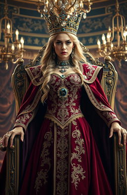A powerful and confident queen standing majestically on a throne, adorned in a regal gown of deep crimson and gold, with intricate embroidery