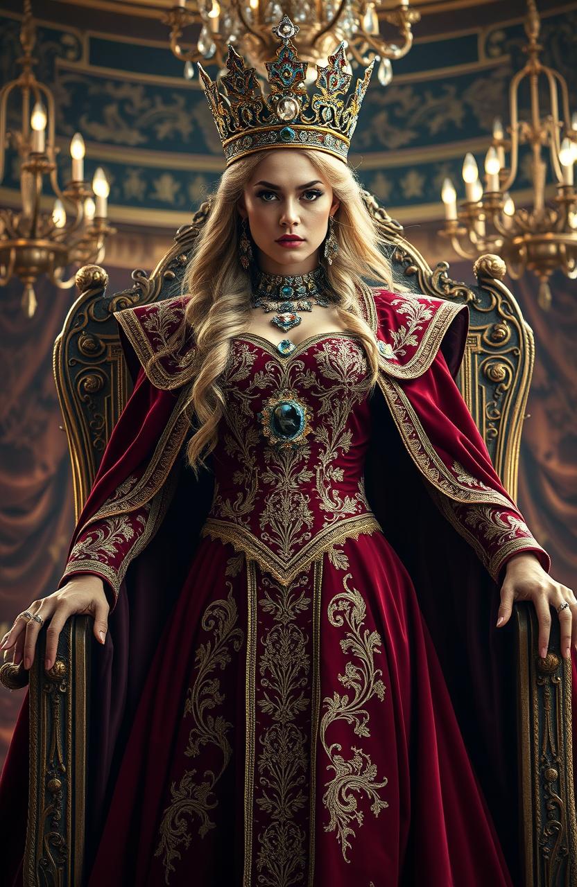 A powerful and confident queen standing majestically on a throne, adorned in a regal gown of deep crimson and gold, with intricate embroidery
