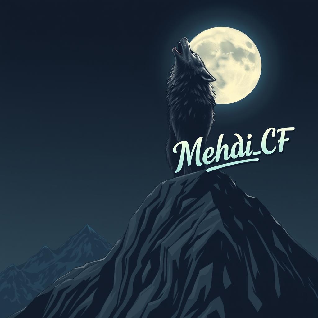 A high-quality graphic illustration of a majestic black wolf howling at the top of a tall mountain