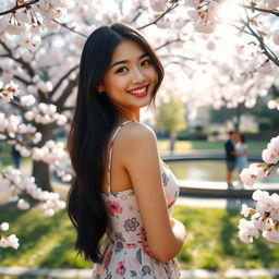A beautiful Asian girl with long black hair styled elegantly, wearing a trendy outfit featuring a floral mini dress and stylish sandals