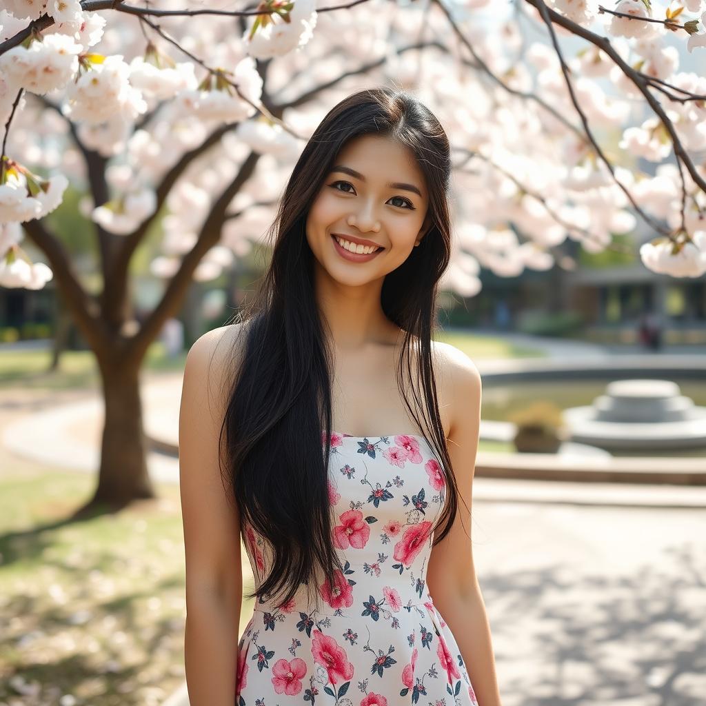 A beautiful Asian girl with long black hair styled elegantly, wearing a trendy outfit featuring a floral mini dress and stylish sandals