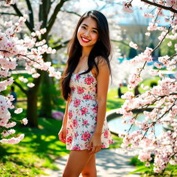 A beautiful Asian girl with long black hair styled elegantly, wearing a trendy outfit featuring a floral mini dress and stylish sandals