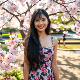 A beautiful Asian girl with long black hair styled elegantly, wearing a trendy outfit featuring a floral mini dress and stylish sandals
