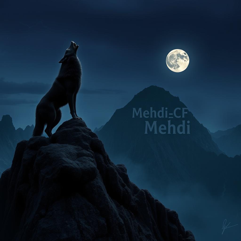 A striking black wolf howling at the peak of a towering mountain