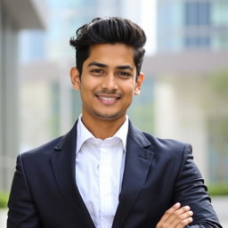 A 23-year-old Bangladeshi young man wearing a tailored black suit and a crisp white shirt, striking a confident pose