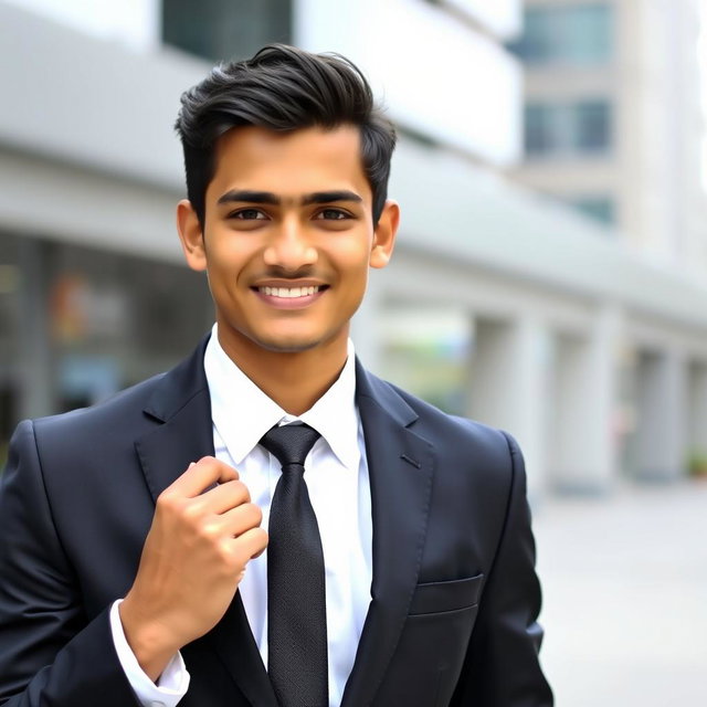 A 23-year-old Bangladeshi young man wearing a tailored black suit and a crisp white shirt, striking a confident pose