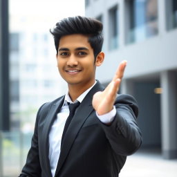 A 23-year-old Bangladeshi young man wearing a tailored black suit and a crisp white shirt, striking a confident pose