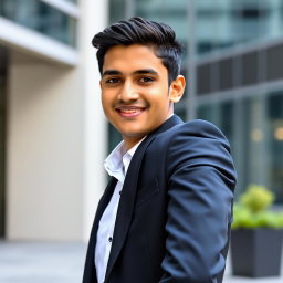 A 23-year-old Bangladeshi young man wearing a tailored black suit and a crisp white shirt, striking a confident pose