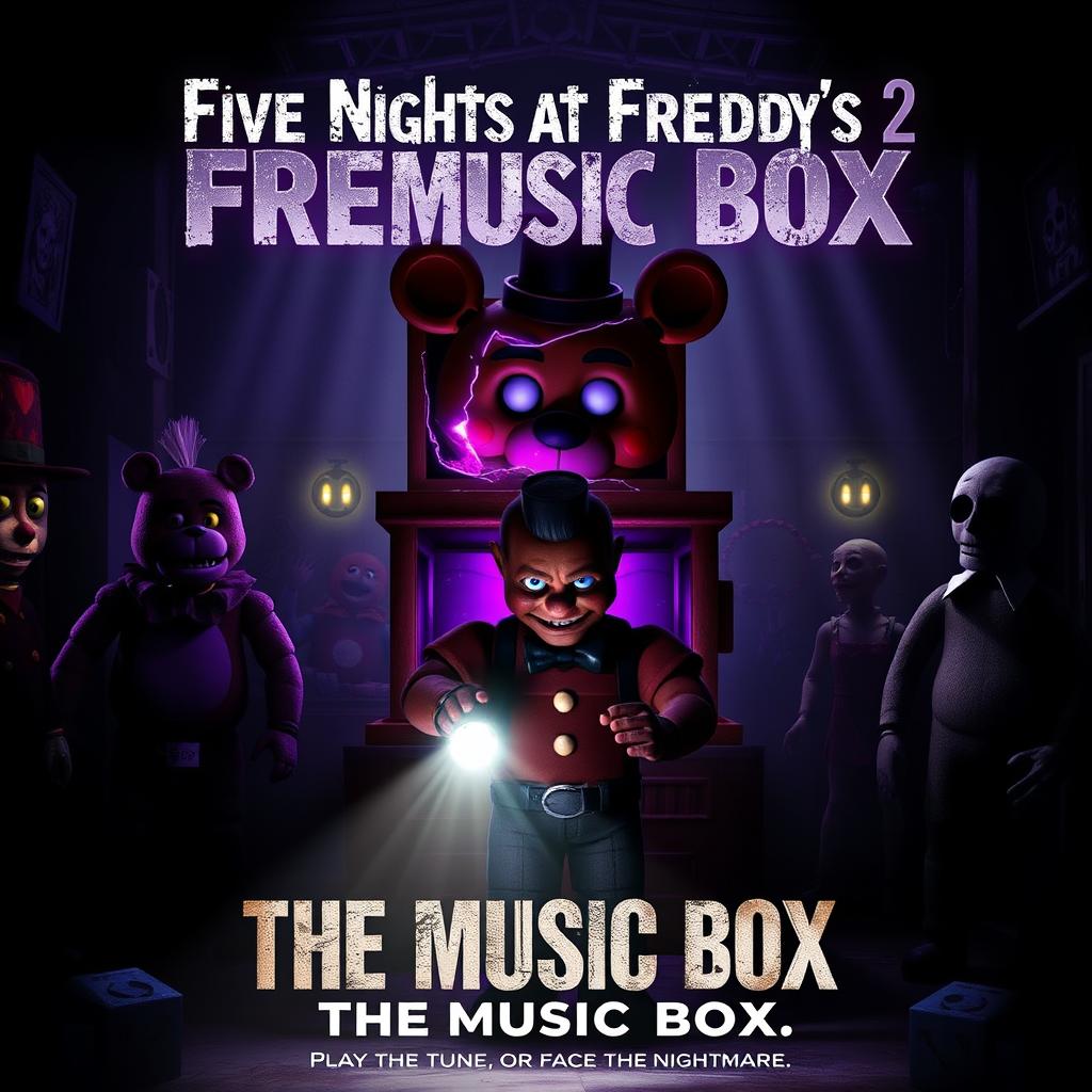 A chilling and suspenseful cinematic movie poster for 'Five Nights at Freddy's 2: The Music Box', featuring a sinister, broken music box at the center leaking glowing, ominous purple light