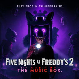 A chilling and suspenseful cinematic movie poster for 'Five Nights at Freddy's 2: The Music Box', featuring a sinister, broken music box at the center leaking glowing, ominous purple light