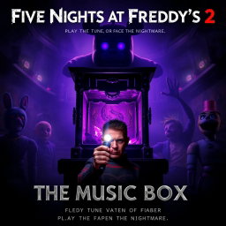 A chilling and suspenseful cinematic movie poster for 'Five Nights at Freddy's 2: The Music Box', featuring a sinister, broken music box at the center leaking glowing, ominous purple light