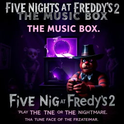 A chilling and suspenseful cinematic movie poster for 'Five Nights at Freddy's 2: The Music Box', featuring a sinister, broken music box at the center leaking glowing, ominous purple light