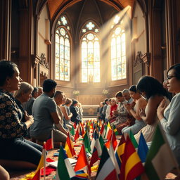 A serene and respectful scene inside a beautiful church, with a group of diverse people on their knees in prayer, their expressions conveying deep devotion and tranquility