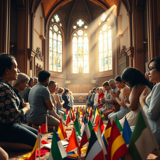 A serene and respectful scene inside a beautiful church, with a group of diverse people on their knees in prayer, their expressions conveying deep devotion and tranquility